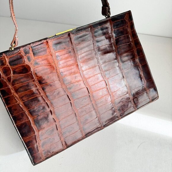 Vintage 50s 60s Crock Skin Brown medium Top Handle Bag - Picture 8 of 16